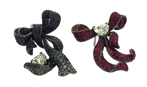 Fiocco · Pair of brooches, sapphires and rubies