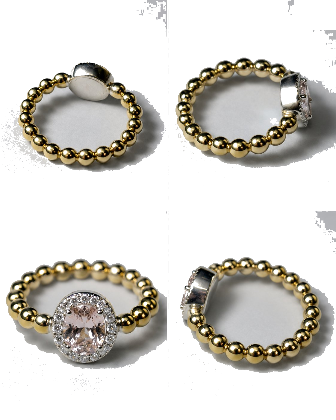 Harmony Morganite ring · four-view montage