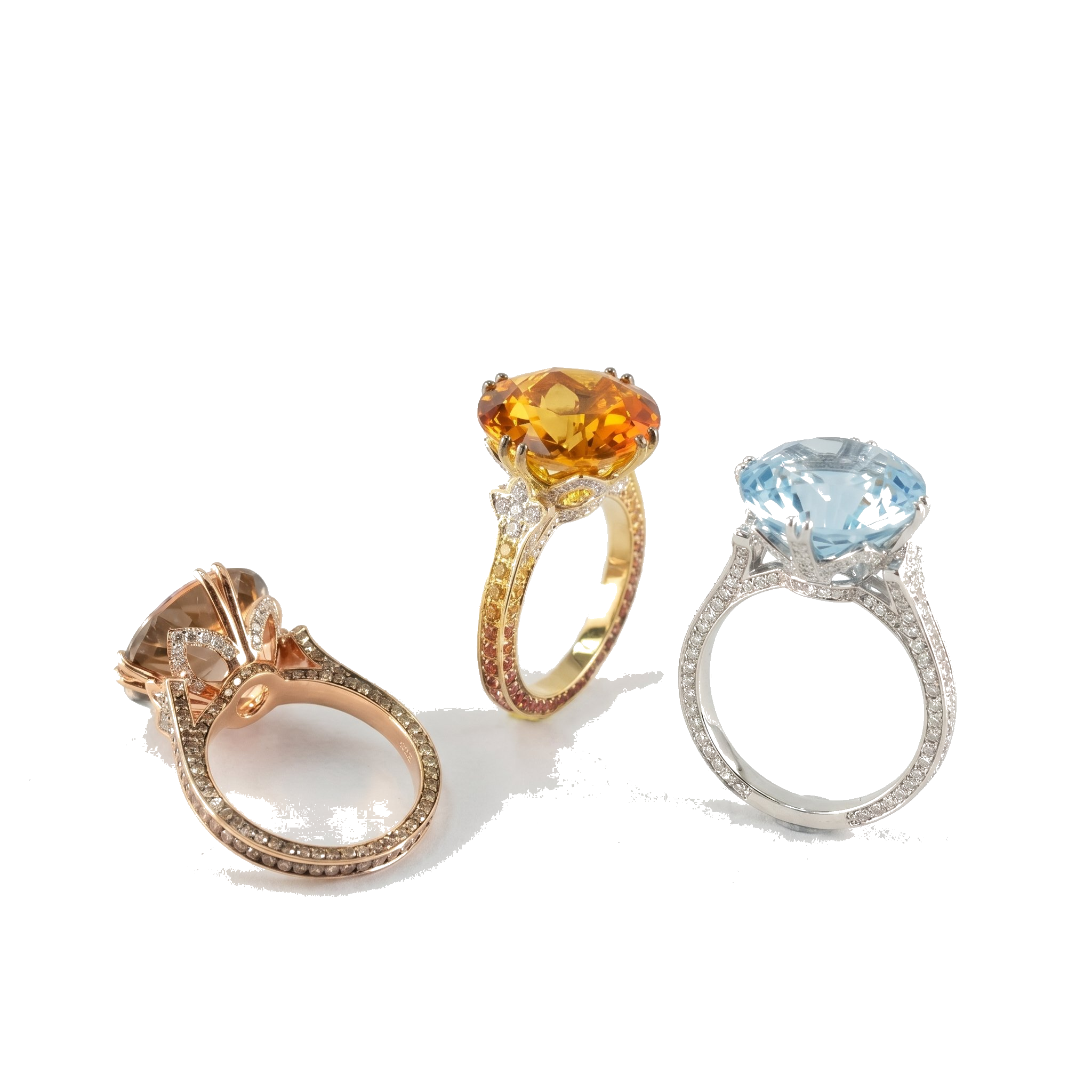 Cocktail Trio · morganite, citrine, aquamarine rings