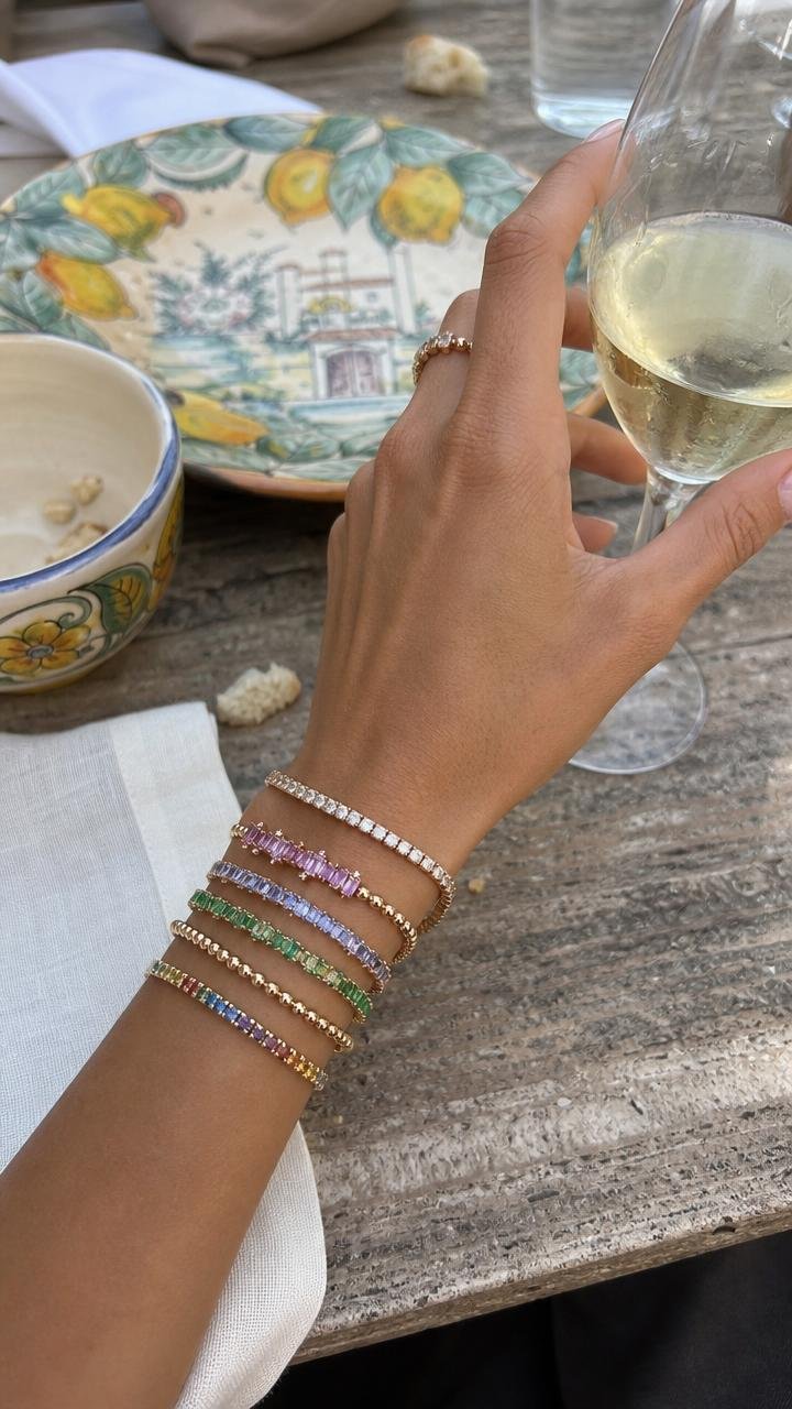 Confetti bracelets · baguette pink sapphires · baguette lilac sapphires · baguette green sapphires · rose gold beaded shank