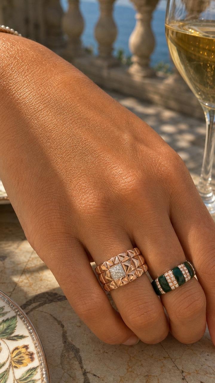 Pyramid Wide stretchable ring · rose gold pyramids · centre pavé · stacked with Hardstones Emerald malachite ring