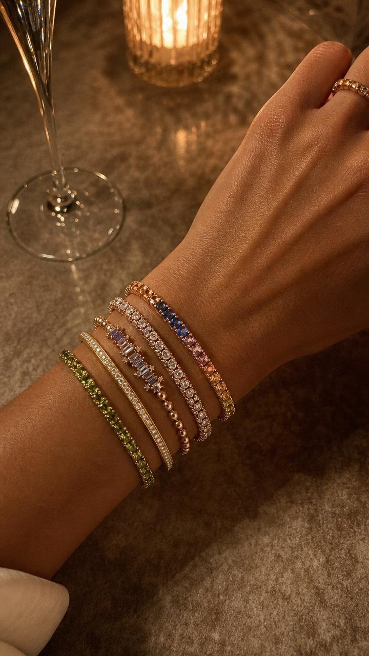 Stretch stack · Tennis peridot · Confetti sapphire · diamond pavé · rainbow sapphires
