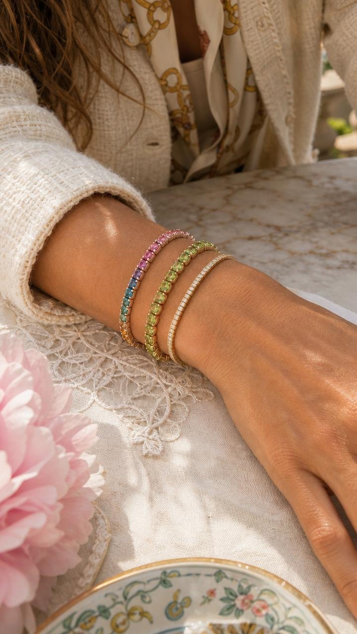 Tennis stretchable · rose gold rainbow sapphires · oval peridot · white gold diamond pavé · stacked