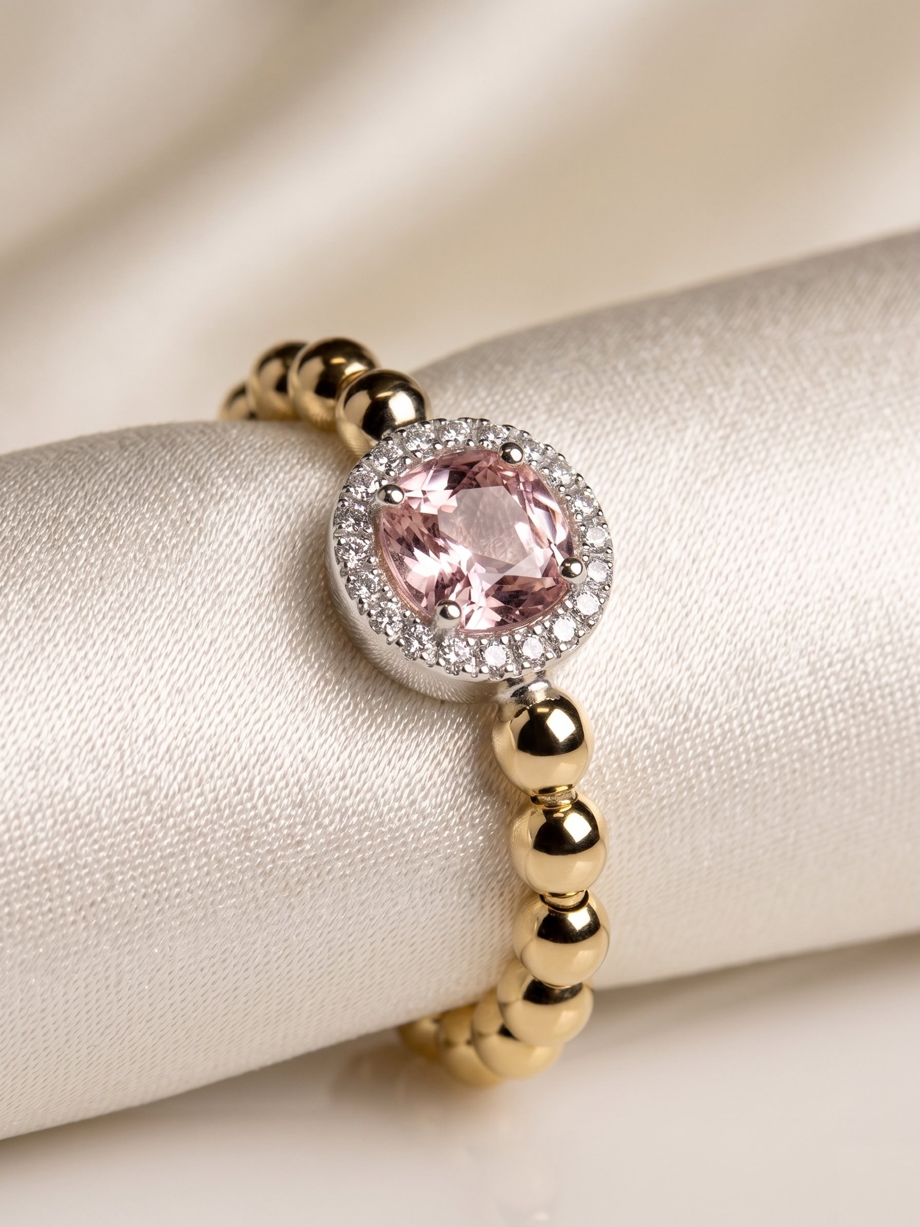 Harmony · Yellow gold sphere shank · pink morganite halo